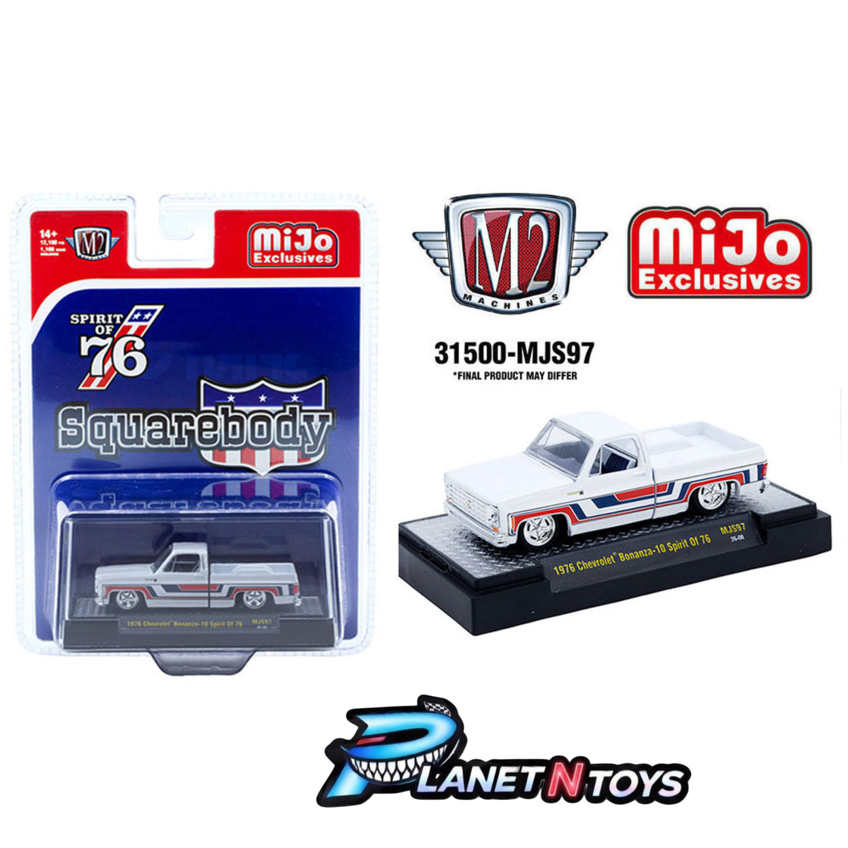 M2 Machines 1:64 1976 Chevrolet Silverado Bonanza-10 SPIRIT OF 76 Squarebody USA Special Edition – White – MiJo Exclusives