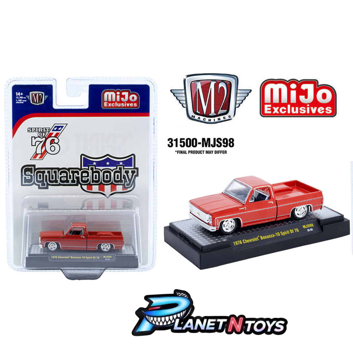 M2 Machines 1:64 1976 Chevrolet Silverado Bonanza-10 SPIRIT OF 76 Squarebody USA Special Edition – Red – MiJo Exclusives