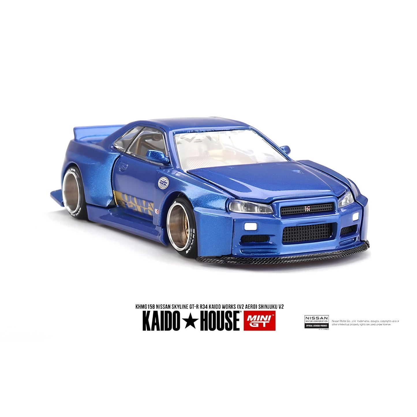 Kaido House x Mini GT 1:64 Nissan Skyline GT-R (R34) Kaido Works (V2 Aero) SHINJUKU V2- Blue