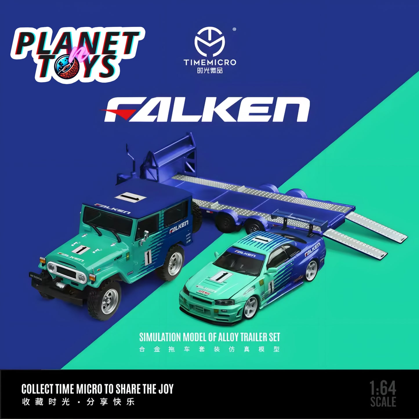 Time Micro 1:64 Trailer Set Falken Toyota Land Cruiser FJ40 & Nissan Skyline GT-R R34