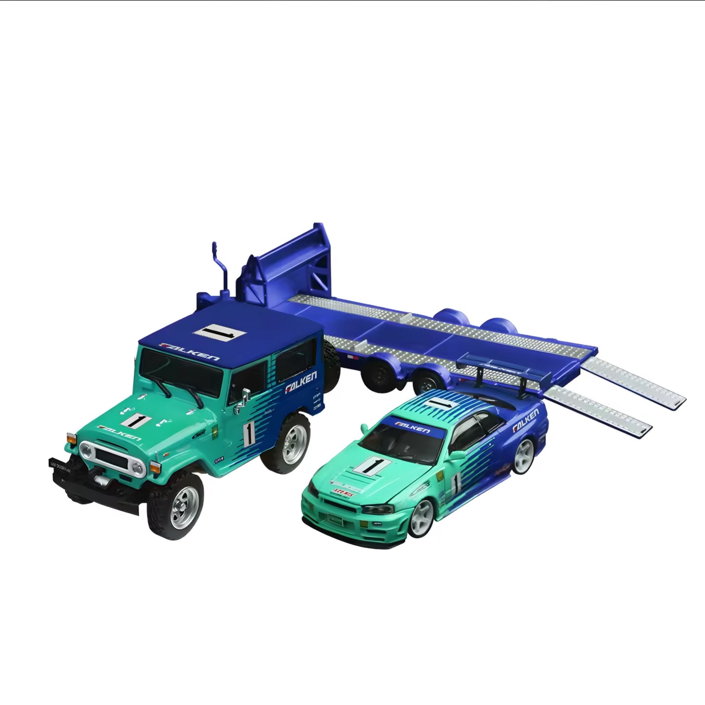 Time Micro 1:64 Trailer Set Falken Toyota Land Cruiser FJ40 & Nissan Skyline GT-R R34