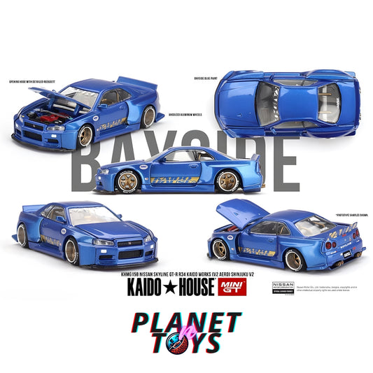 Kaido House x Mini GT 1:64 Nissan Skyline GT-R (R34) Kaido Works (V2 Aero) SHINJUKU V2- Blue