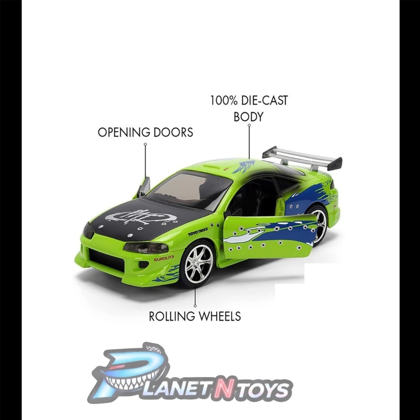 Fast and the Furious Brian's 1995 Mitsubishi Eclipse Damaged Glossy Green 1:32 Scale Die-Cast Metal Vehicle