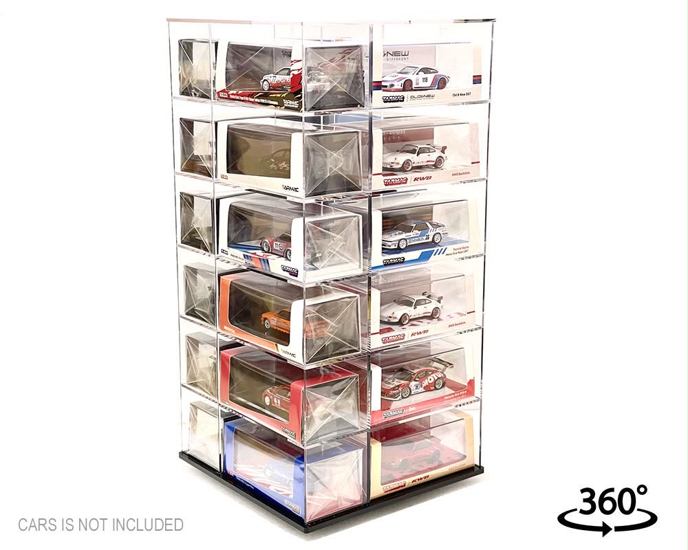 Showcase 1:64 Acrylitower+ Large 24-Car Display Desk Top Spinner with Magnetic Cover (8″x 8″x16.25″) – MiJo Exclusives