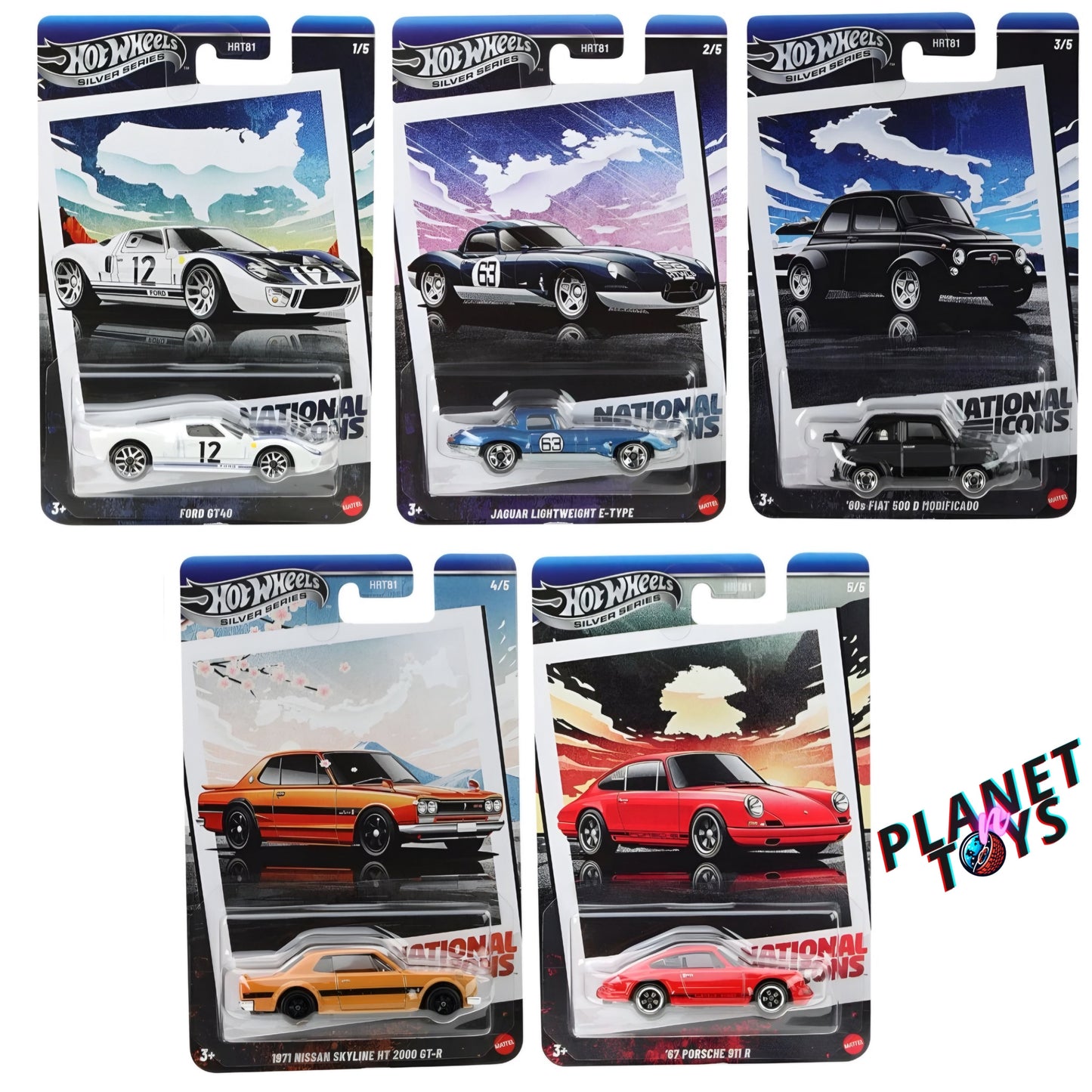 Hot Wheels Silver Series National Icons Set 5/5 (Fiat, Nissan, Porsche, Jaguar, Ford)