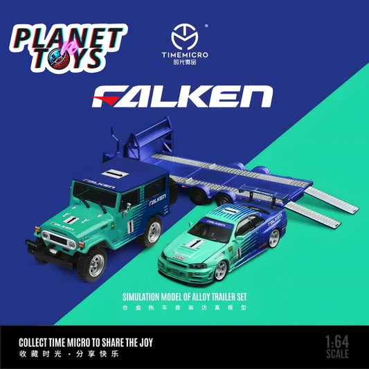 Time Micro 1:64 Trailer Set Falken Toyota Land Cruiser FJ40 & Nissan Skyline GT-R R34