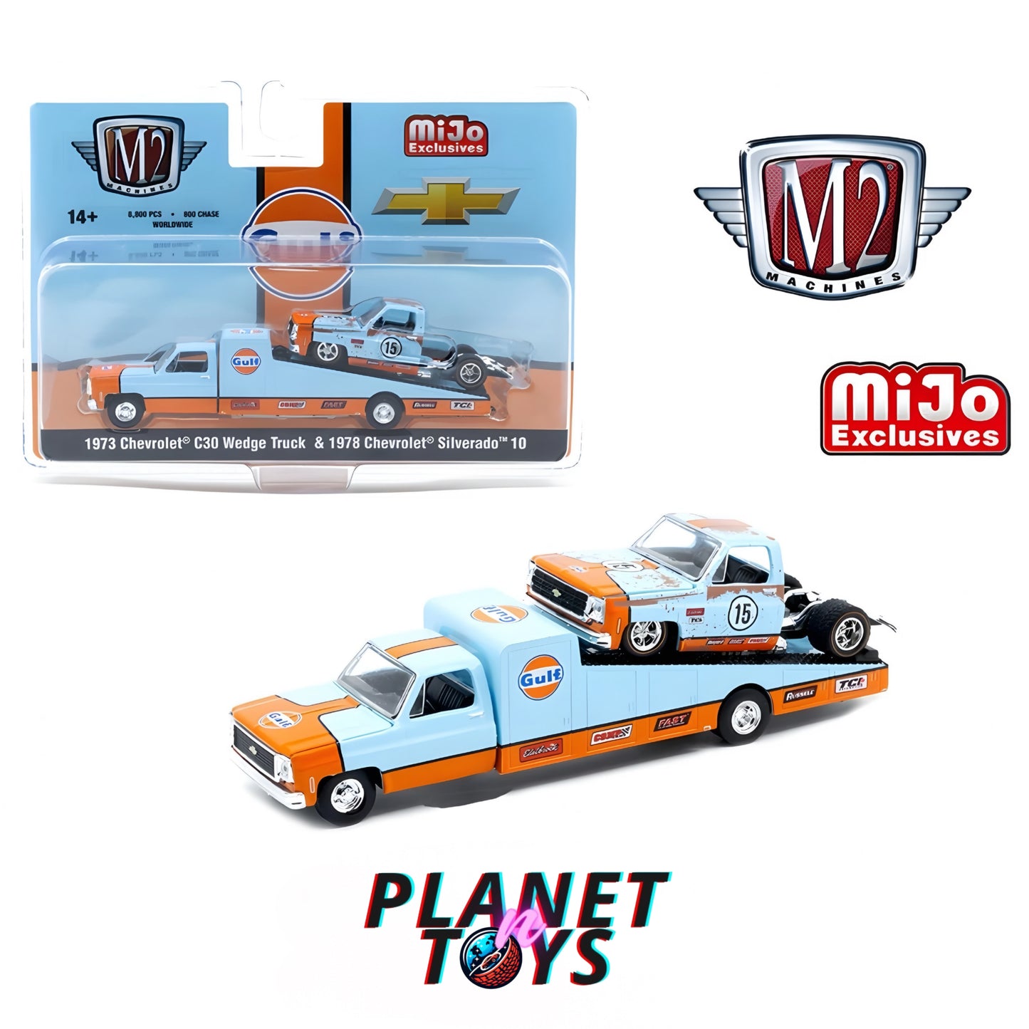 M2 Machines 1:64 1973 Chevrolet C30 Wedge Truck & 1978 Silverado 10 Bedless Gulf