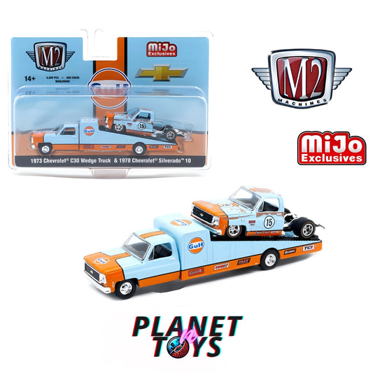 M2 Machines 1:64 1973 Chevrolet C30 Wedge Truck & 1978 Silverado 10 Bedless Gulf